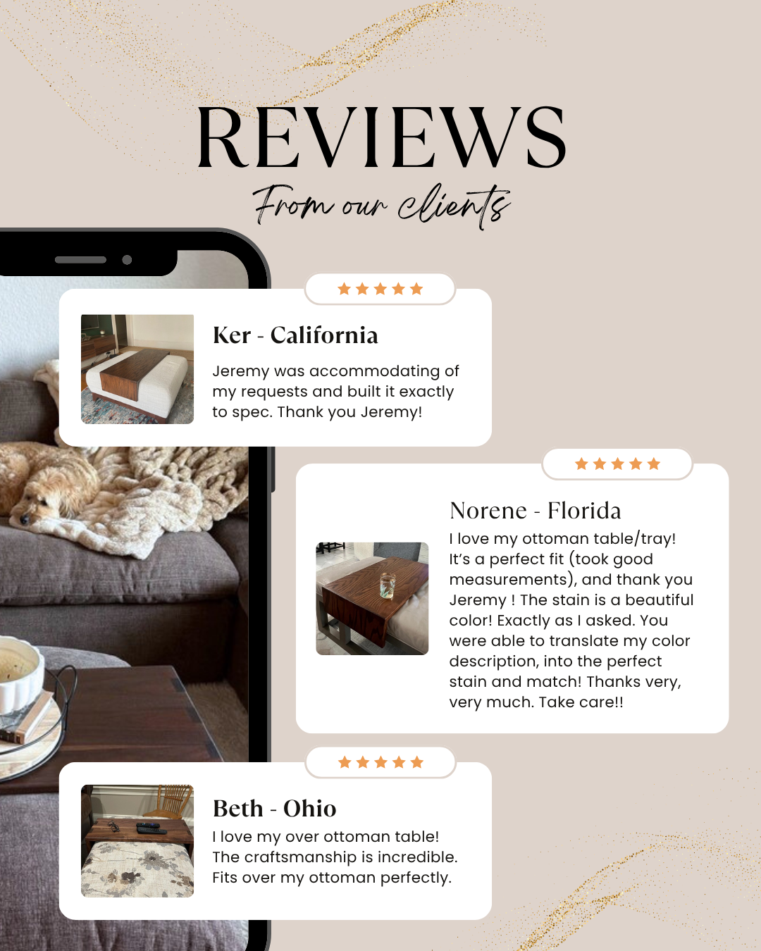 A graphic with the heading 'REVIEWS From our clients' on a beige background with subtle gold brushstroke accents. Below, three customer review cards are shown over a dark phone mockup with a walnut ottoman table.