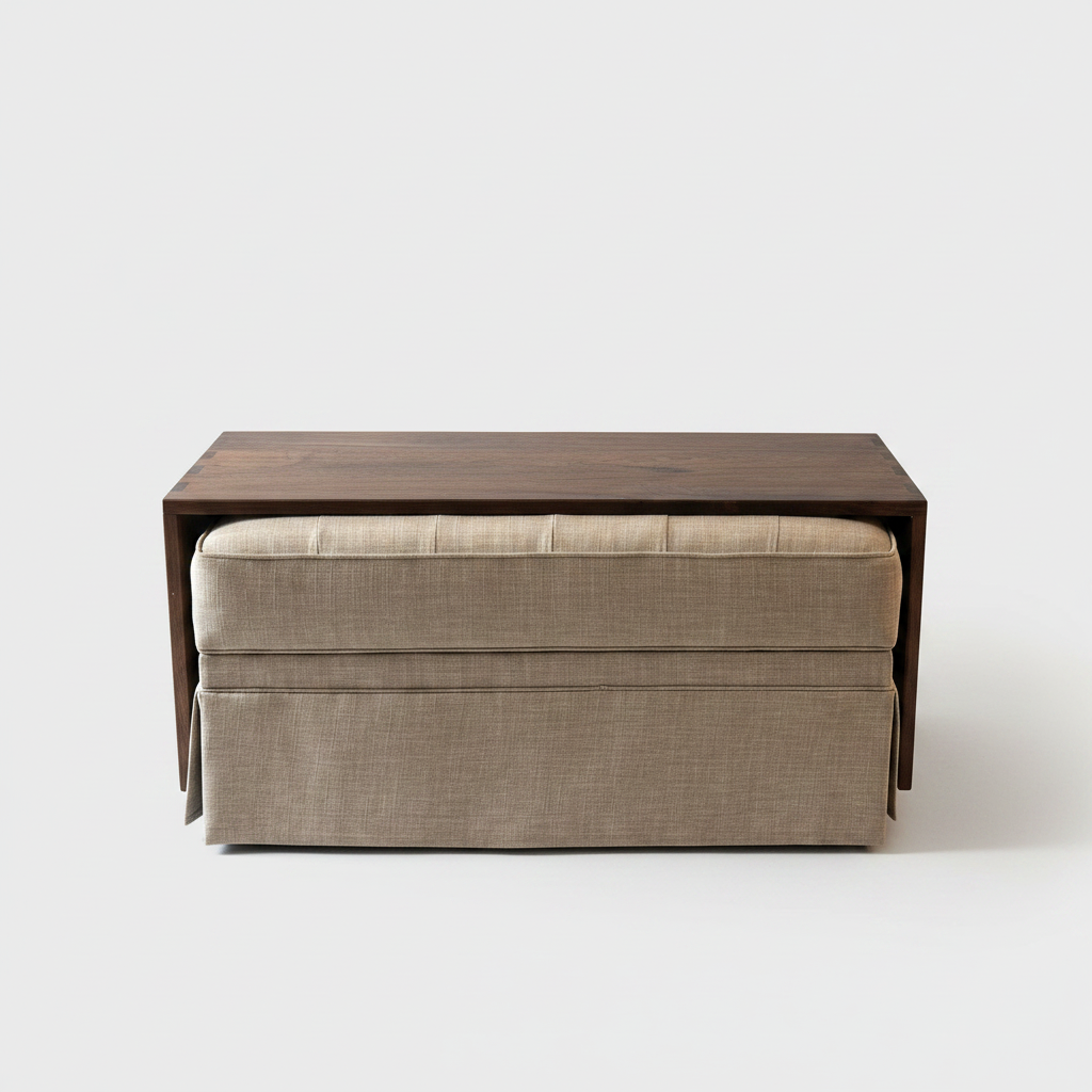 dark walnut wood coffee table fitted over a beige fabric ottoman