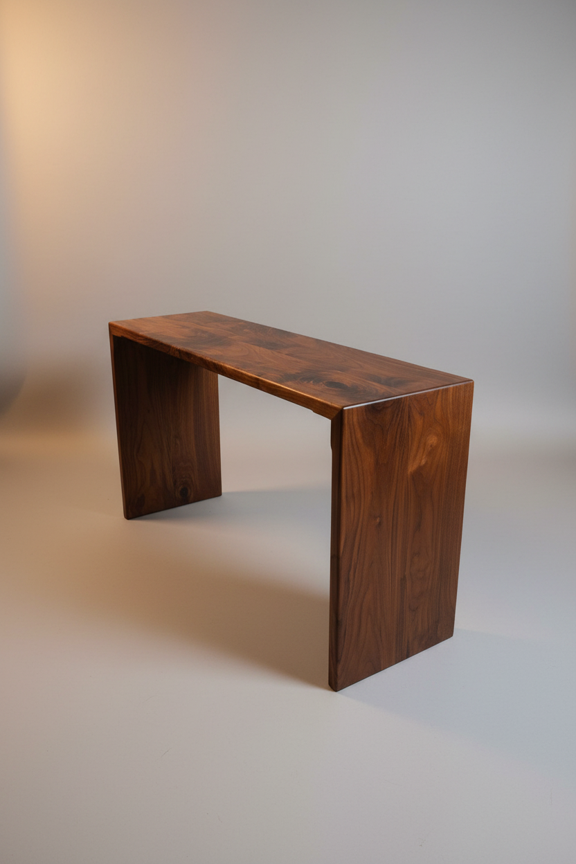 studio shot of walnut watefall console table, hand made in america, made and sourced in Columbus Ohio