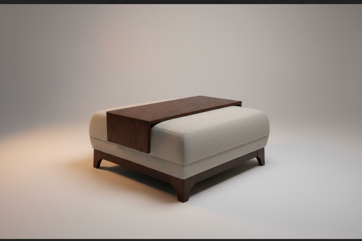A modern upholstered ottoman or low bench with a dark wood tray table top, shown in a clean studio setting with a warm spotlight on a light gray background.