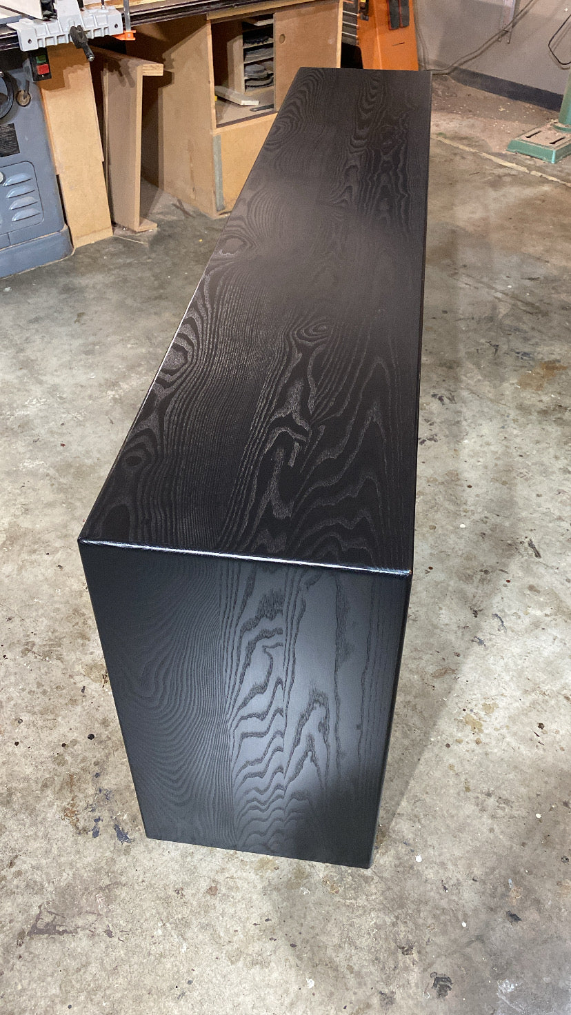 handmade black oak console table mitered waterfall sides made in columbus ohio, jet black table, black sofa table, black wood, real wood, made in usa 