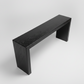 black oak console table with waterfall design, black wood table, entryway table, hall table, waterfall table, narrow table, 36 inch tall table, counter height table, jet black, true black, handmade in columbus ohio, made in america, made in usa, artist, artisan, craftsman, mitered, real wood, solid wood, hardwood, sofa table, accent table, living room furniture, living room table