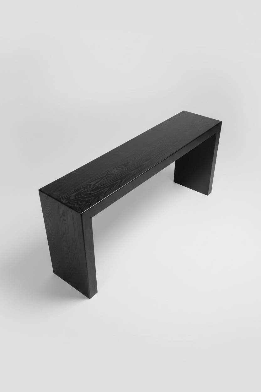 black oak console table with waterfall design, black wood table, entryway table, hall table, waterfall table, narrow table, 36 inch tall table, counter height table, jet black, true black, handmade in columbus ohio, made in america, made in usa, artist, artisan, craftsman, mitered, real wood, solid wood, hardwood, sofa table, accent table, living room furniture, living room table