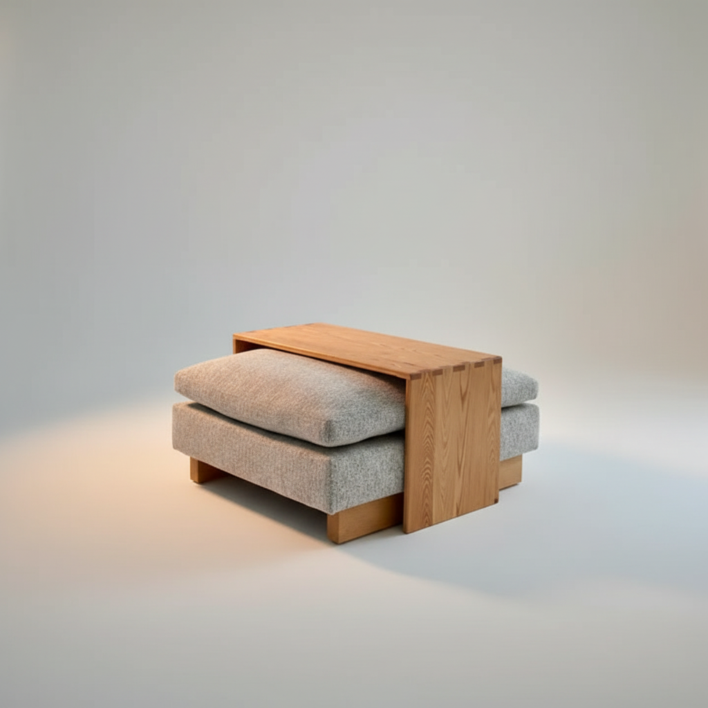 Oak wood table that was made to fit over an existing grey and wood ottoman.