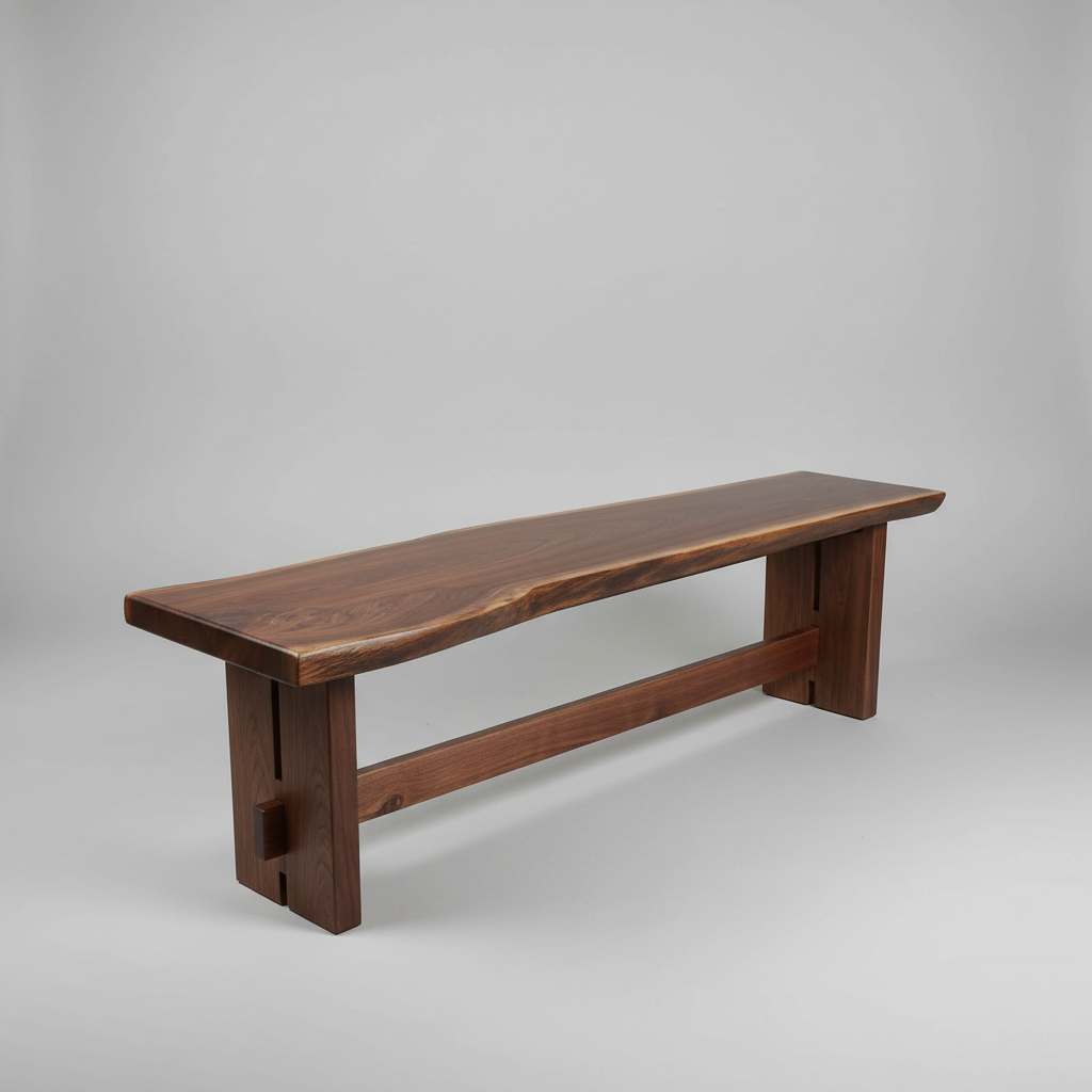 hand crafted walnut bench that features the natural live edges sitting in a photography studio