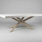 handmade whitewashed wood dining table with modern metal pedestal base, columbus ohio, spider base, gold base, herringbone table, artisan table