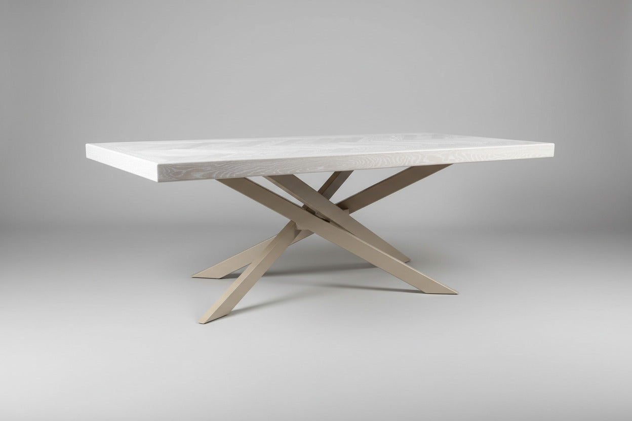 handmade whitewashed wood dining table with modern metal pedestal base, columbus ohio, spider base, gold base, herringbone table, artisan table