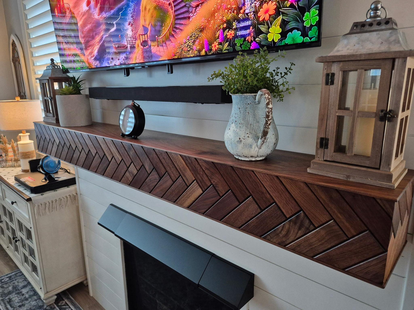 Modern Walnut Fireplace Mantel Shelf with Herringbone Pattern | Mid Century Modern Fireplace Mantle Shelf | Handmade Wood Mantel