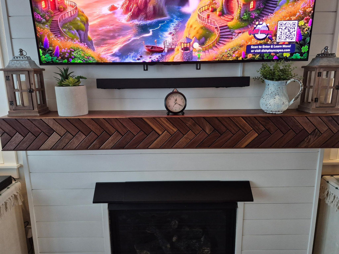 Modern Walnut Fireplace Mantel Shelf with Herringbone Pattern | Mid Century Modern Fireplace Mantle Shelf | Handmade Wood Mantel