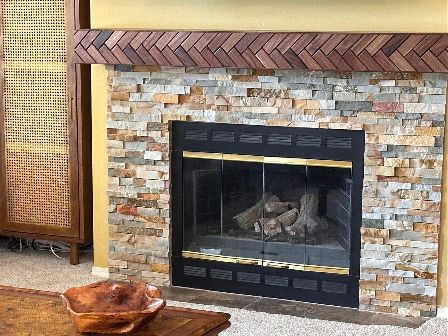 unique fireplace mantle, wood herringbone mantel, walnut mantle, geometric mantle, walnut herringbone