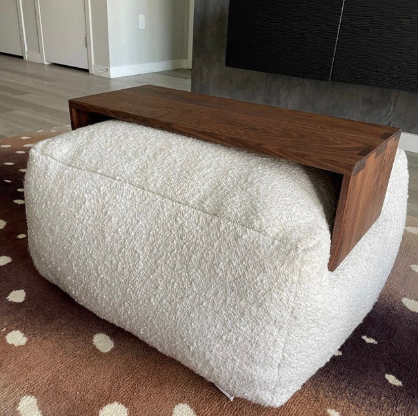 over ottoman table, ottoman coffee table, wood ottoman top, custom ottomon tray, walnut ottoman tray, fitted ottoman table, oversized, ottoman cover, poofy ottoman, poof ottoman