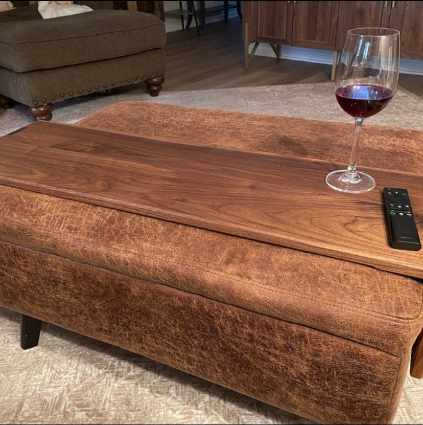 over ottoman table, ottoman coffee table, wood ottoman top, custom ottomon tray, walnut ottoman tray, fitted ottoman table, oversized, ottoman cover