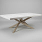 modern dining table with champagne gold metal base, matrix base, herringone table, oak table, whitewashed table, contemporary design, arhaus, restoration hardware, made in columbus ohio