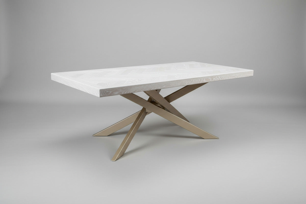 modern dining table with champagne gold metal base, matrix base, herringone table, oak table, whitewashed table, contemporary design, arhaus, restoration hardware, made in columbus ohio