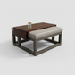 handmade oak ottoman tray that is custom fitted to the leather and metal ottoman that it's sitting on. 