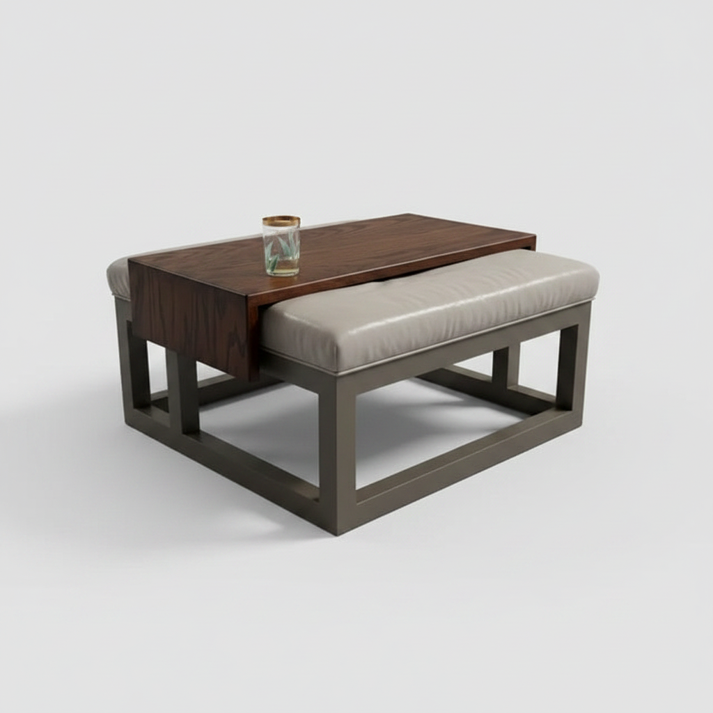 handmade oak ottoman tray that is custom fitted to the leather and metal ottoman that it's sitting on. 