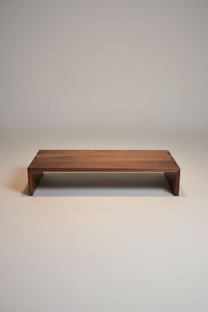 A minimalist wooden low table or bench with a warm medium-brown wood grain finish, photographed against a seamless light gray studio background.