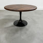 walnut wood round dining table with black metal tulip base, handmade in USA, made in america, made in ohio, solid walnut dining table with pedestal base