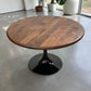 walnut wood round dining table with black metal tulip base, handmade in USA, made in america, made in ohio, solid walnut dining table with pedestal base
