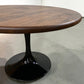 walnut wood round dining table with black metal tulip base, handmade in USA, made in america, made in ohio, solid walnut dining table with pedestal base