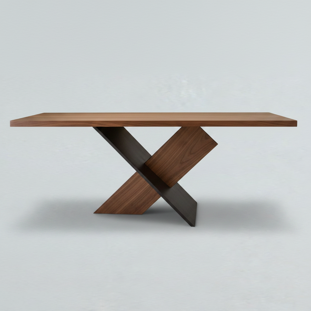 Contemporary Walnut Dining Table, Handmade in Walnut with Asymmetrical X Base