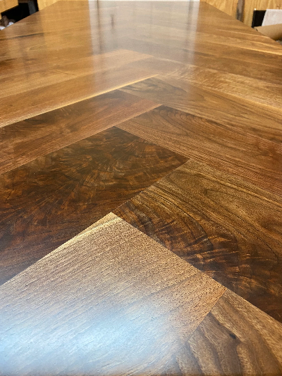 Stunning Herringbone Dining table with Solid Walnut Traditional Trestle Base