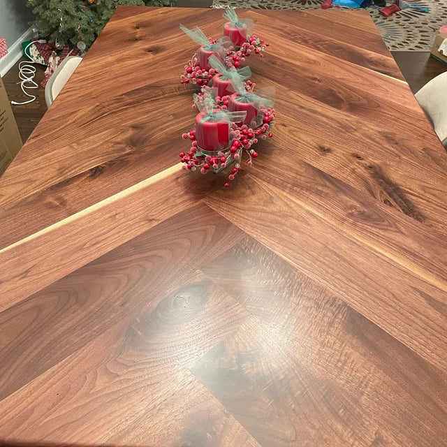 Handmade Walnut Dining Table with Metal Legs & Solid Walnut Herringbone Table Top