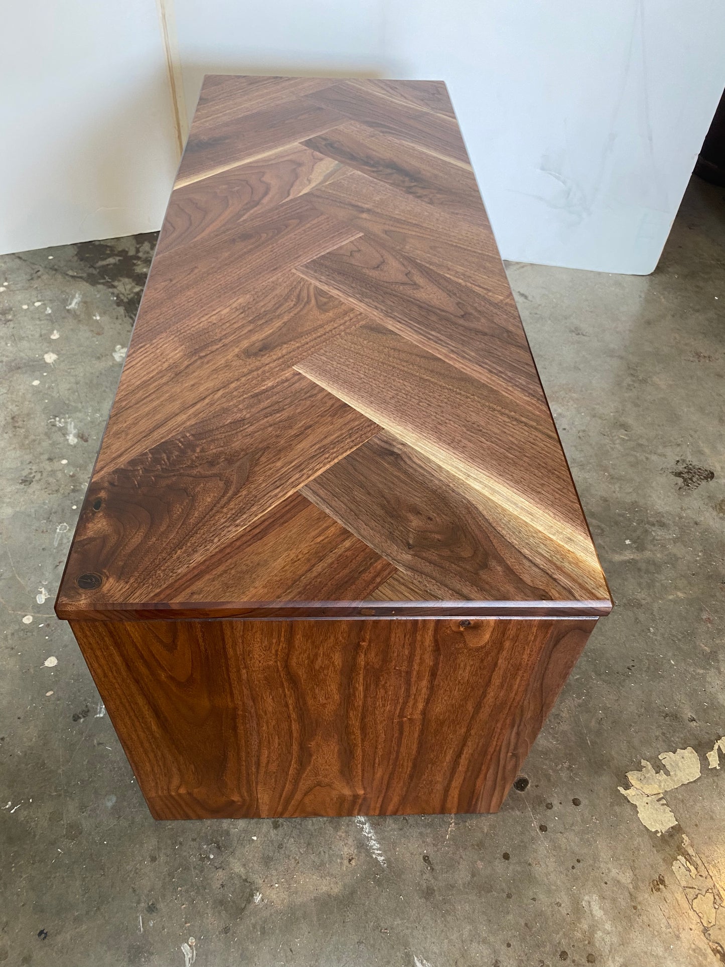 Custom Ottoman Coffee Table with Herringbone Pattern in Solid Walnut