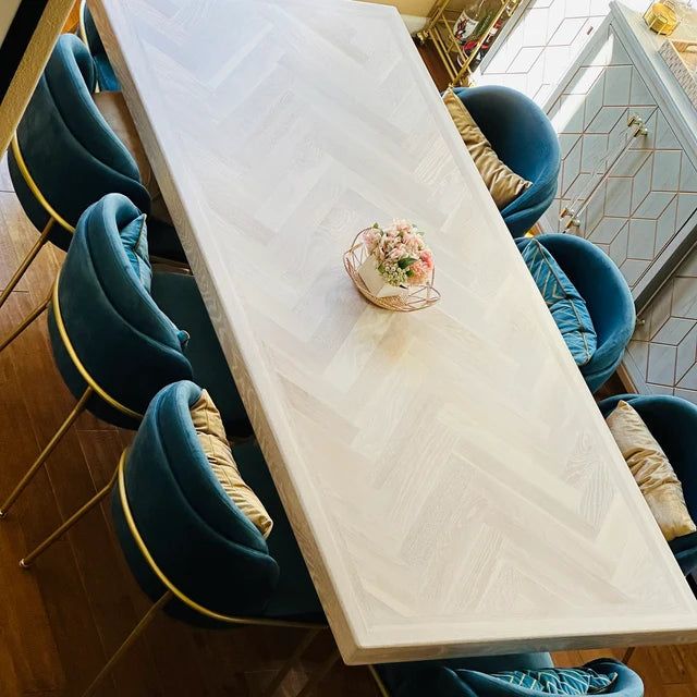 Whitewash Artisan Dining Table - Herringbone Design With Modern Metal Pedestal Base