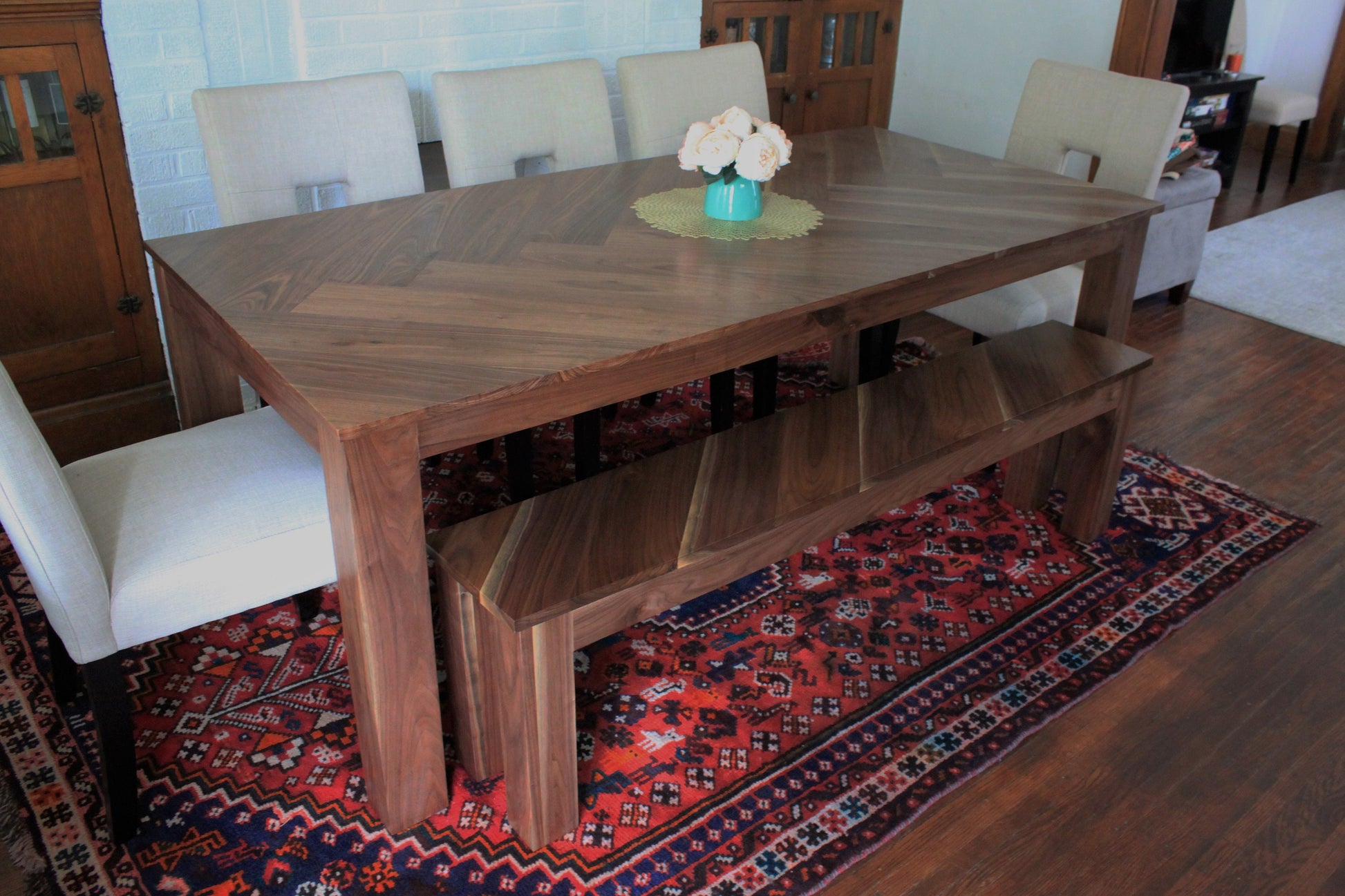 Herringbone trestle dining table, Mission dining table with X base, modern farmhouse dining table handmade in columbus ohio, parsons dining table, four leg dining table with bench handmade in columbus ohio
