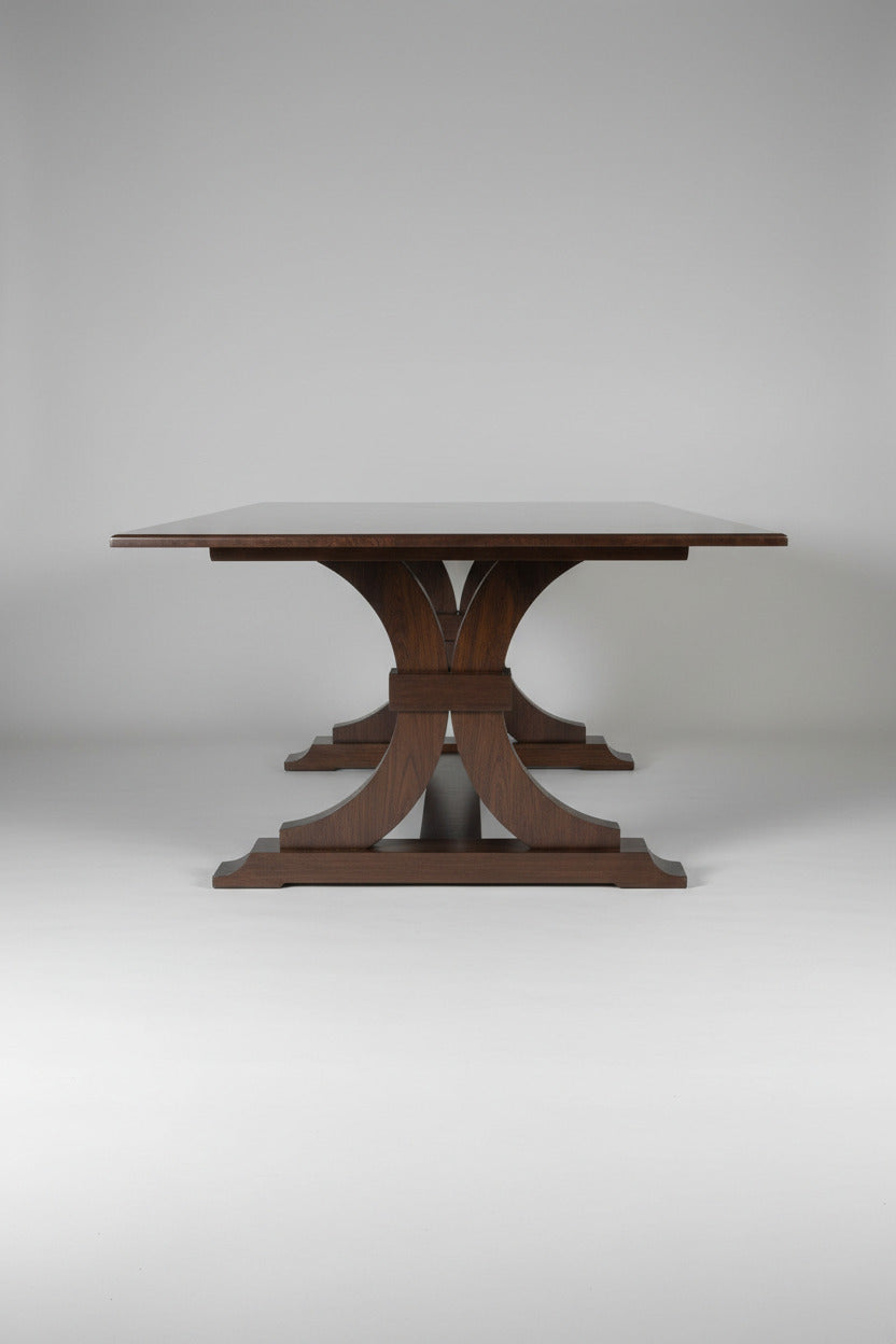 handmade walnut dining table with patterned herringbone table top trestle base, modern furniture, fine furniture, handmade in columbus ohio