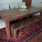 Herringbone trestle dining table, Mission dining table with X base, modern farmhouse dining table handmade in columbus ohio, parsons dining table, four leg dining table with bench