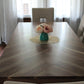 modern farmhouse dining table, walnut dining table with herringbone table top handmade in columbus ohio, matching herringbone bench, parsons style dining table with 4 legs, chunky design