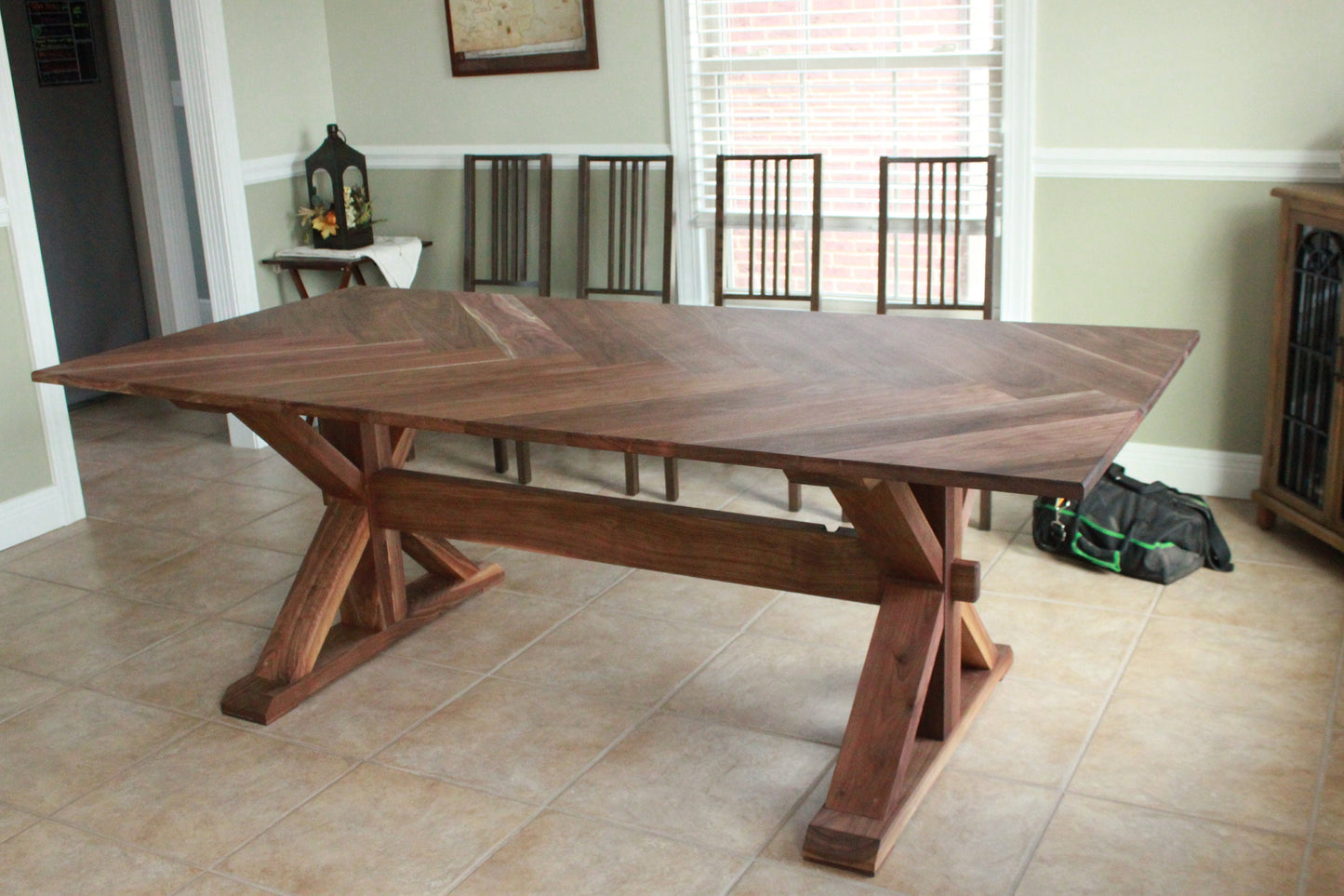 Herringbone trestle dining table, Mission dining table with X base, modern farmhouse dining table handmade in columbus ohio