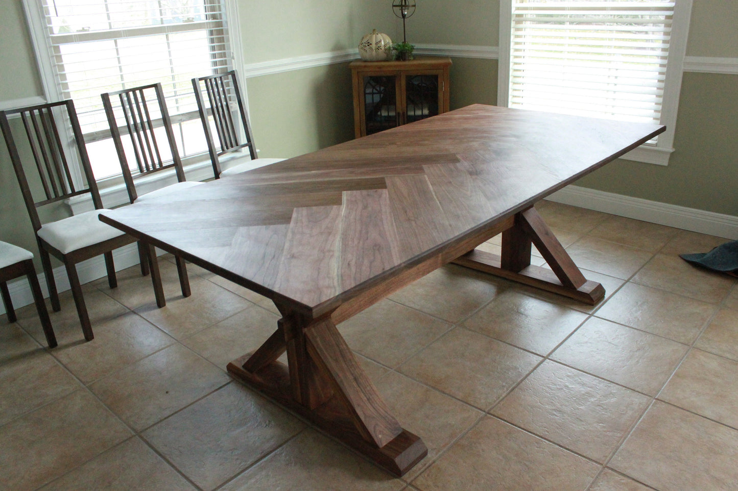 Herringbone trestle dining table, Mission dining table with X base, modern farmhouse dining table handmade in columbus ohio