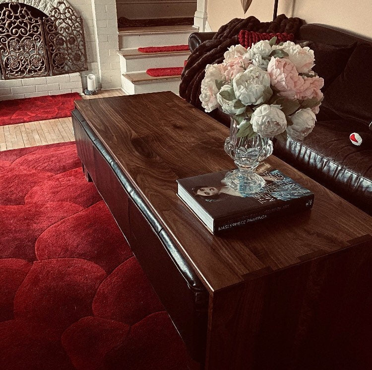 ottoman coffee table, walnut coffee table handmade in columbus ohio, ottoman table overlay, custom overlay for ottoman, wood ottoman cover, waterfall ottoman table, over ottoman coffee table,