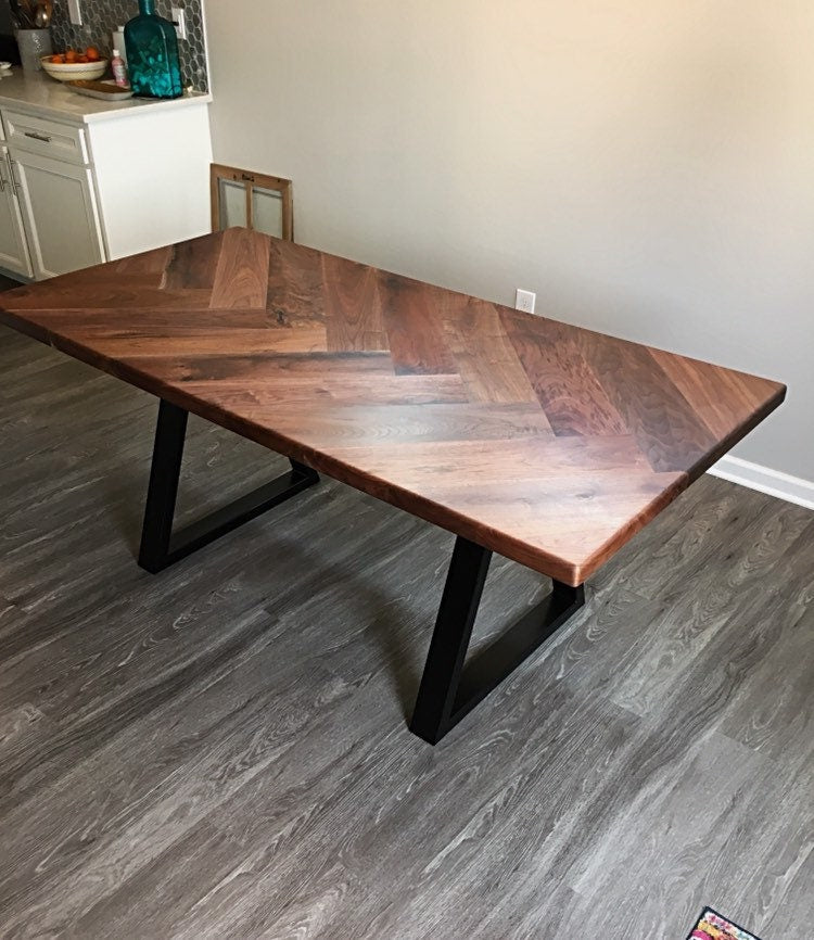 walnut herringbone dining room table with metal base, dine table, dining table, herringbone table, handmade walnut table columbus ohio