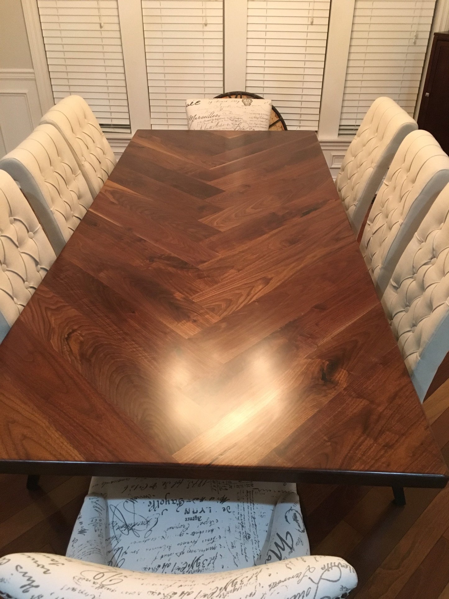 Handmade Walnut Dining Table with Metal Legs & Solid Walnut Herringbone Table Top