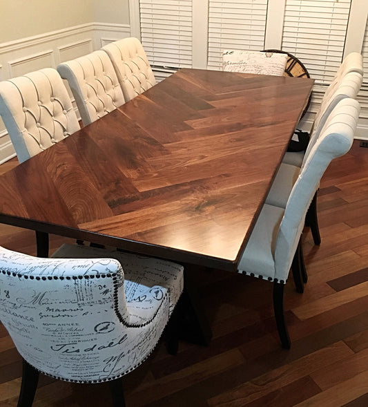 handmade dining table in columbus ohio, herringbone table, custom dining table columub ohio
