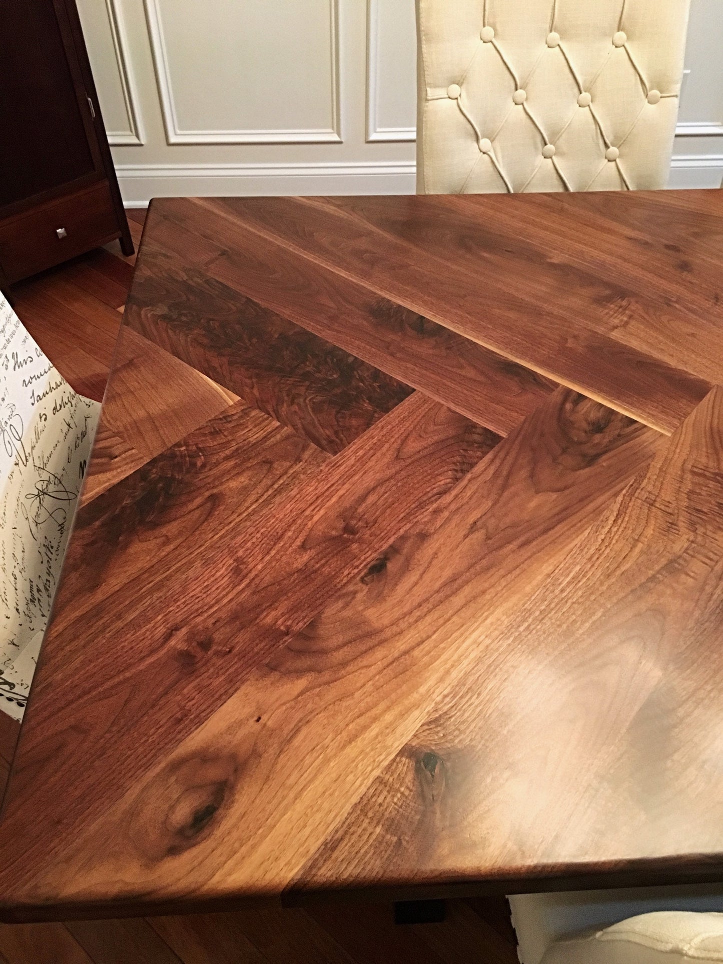 Handmade Walnut Dining Table with Metal Legs & Solid Walnut Herringbone Table Top