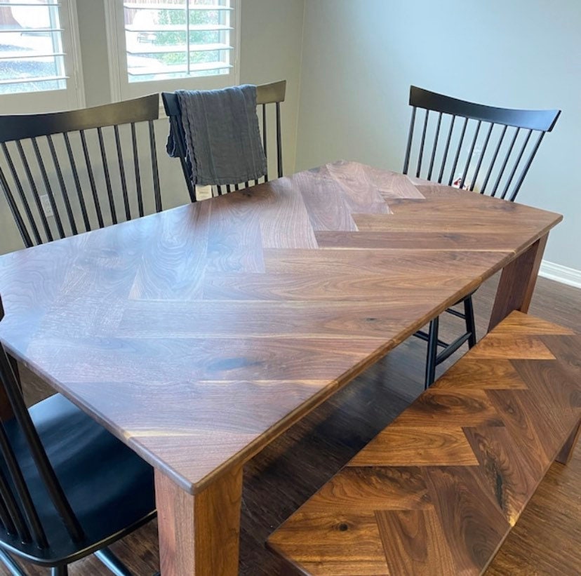 modern farmhouse dining table, walnut dining table with herringbone table top handmade in columbus ohio, matching herringbone bench, parsons style dining table with 4 legs, chunky design