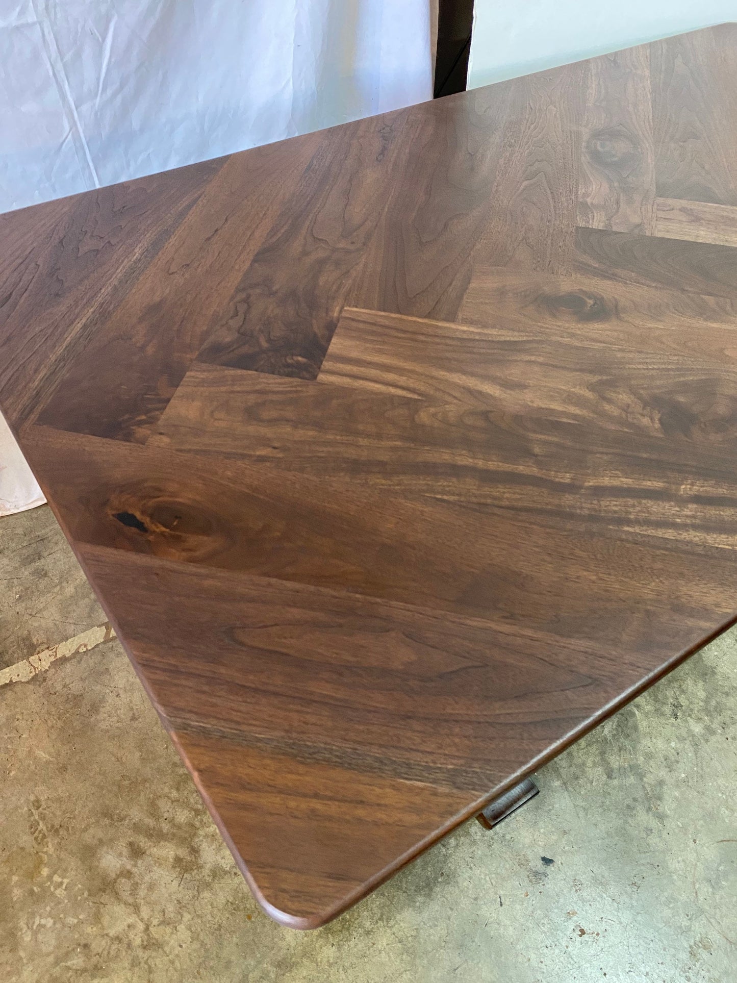 Stunning Herringbone Dining table with Solid Walnut Traditional Trestle Base