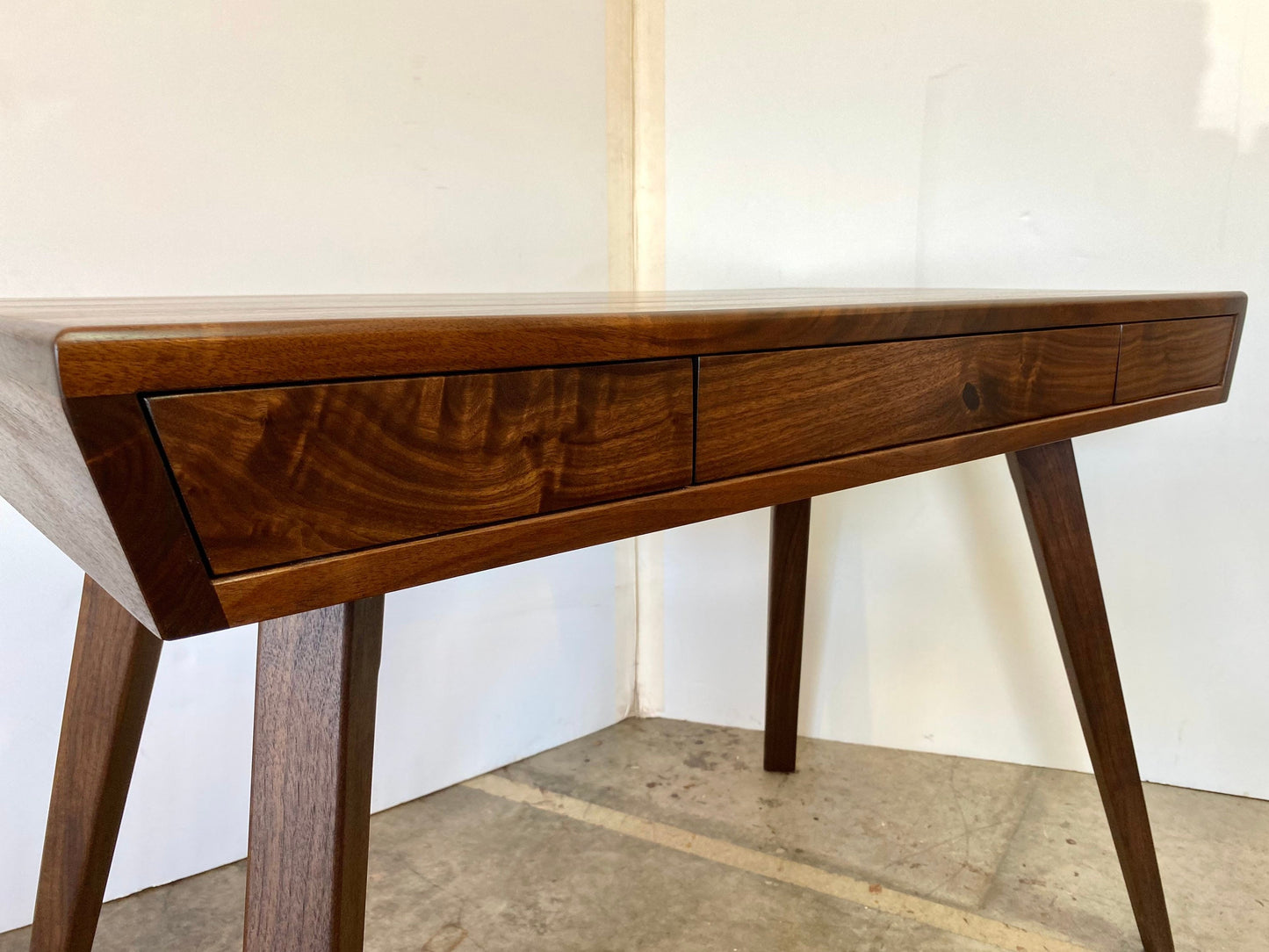 MCM Walnut Writing Desk With Push To Open Drawers