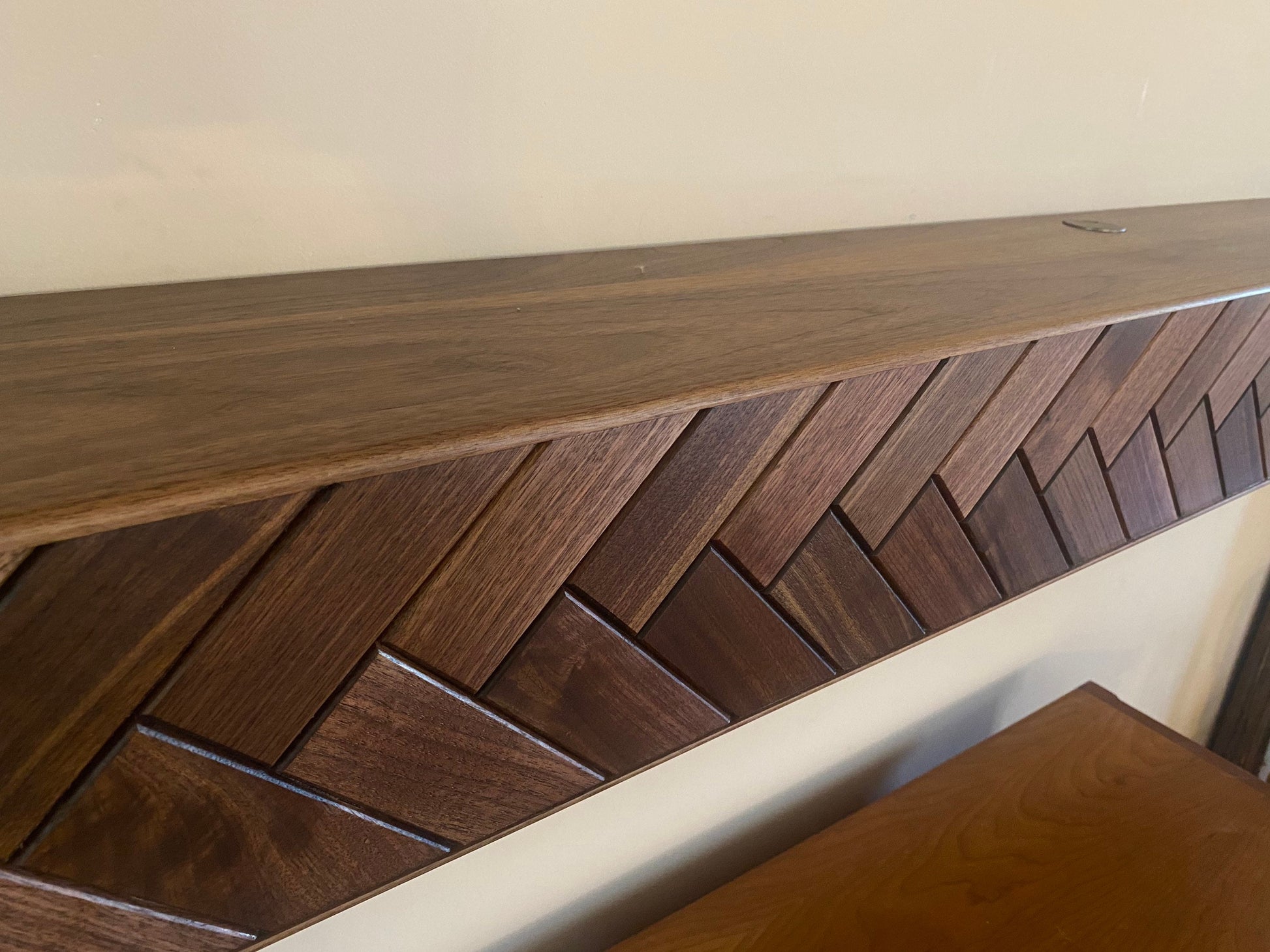 Modern Walnut Fireplace Mantel Shelf with Herringbone Pattern