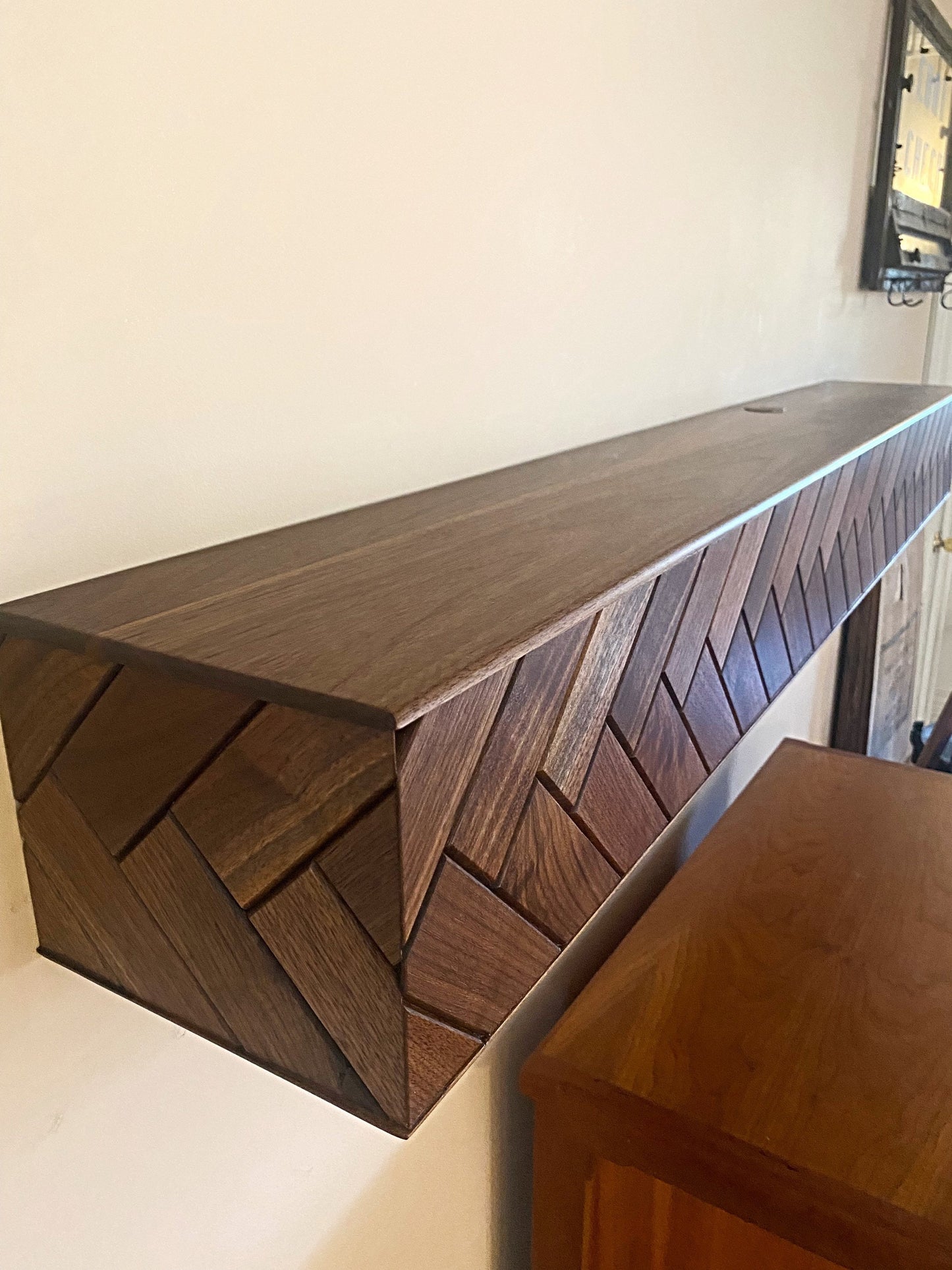 Modern Walnut Fireplace Mantel Shelf with Herringbone Pattern | Mid Century Modern Fireplace Mantle Shelf | Handmade Wood Mantel