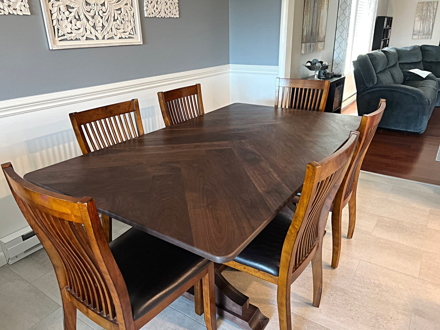 handmade dining table columbus ohio, herringbone dining room table, modern walnut dine table, french country, traditional style trestle base