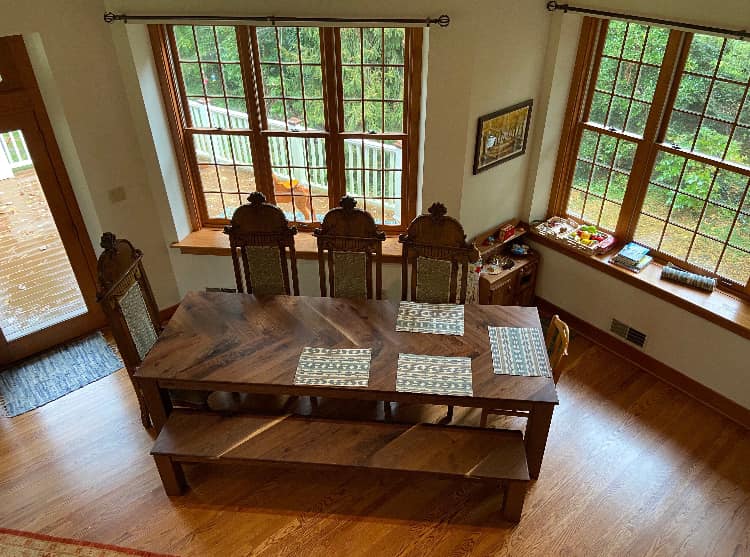 Walnut Herringbone Dining Room Table with Parsons Style Base