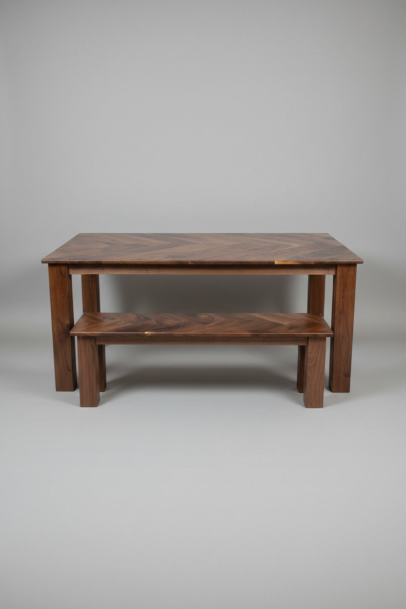 Walnut Herringbone Dining Room Table with Parsons Style Base