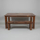 modern farmhouse dining table, walnut dining table with herringbone table top handmade in columbus ohio, matching herringbone bench, parsons style dining table with 4 legs, chunky design, modern, artisan handmade is columbus ohio