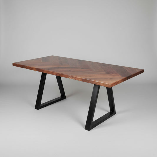 walnut herringbone dining room table with metal base, dine table, dining table, herringbone table, handmade walnut table columbus ohio walnut dining table with metal A shaped legs